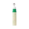 Skincare serum bottle with green cap and white pump on a white background