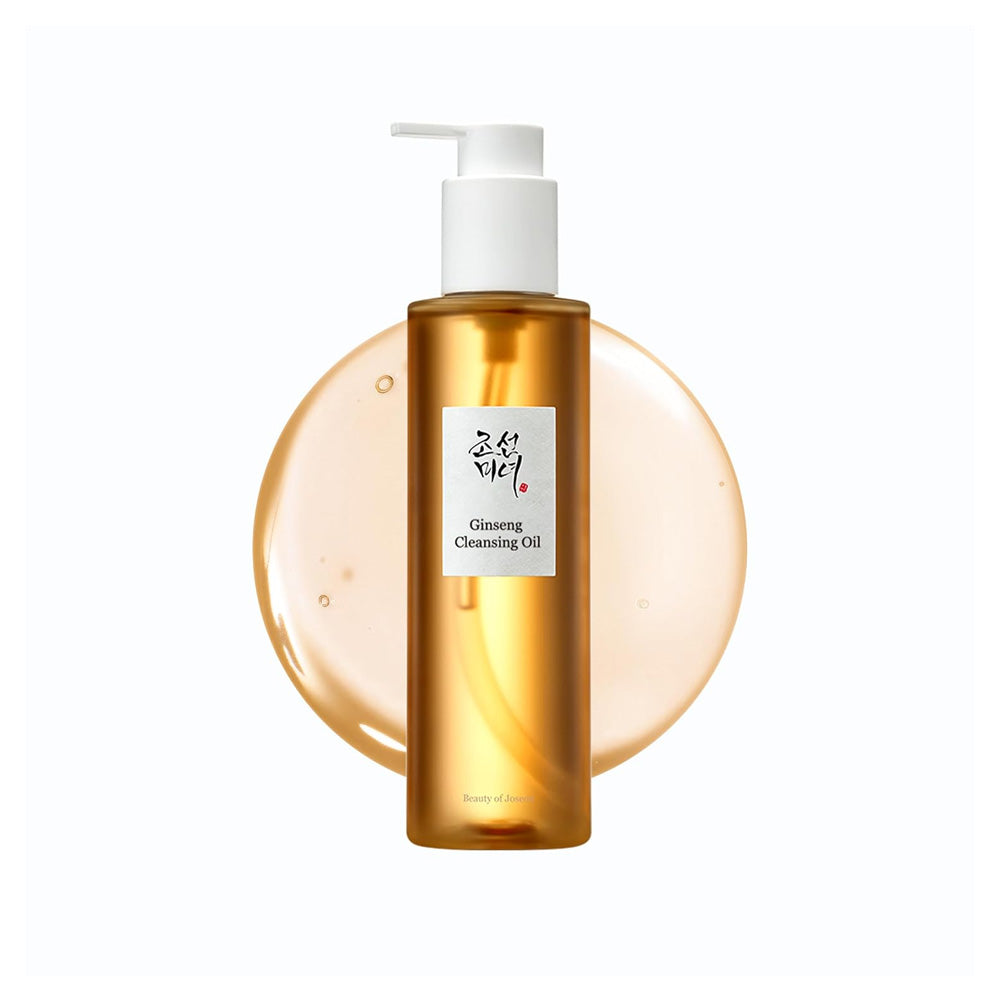 Bottle of Ginseng Cleansing Oil with a white pump on a white background