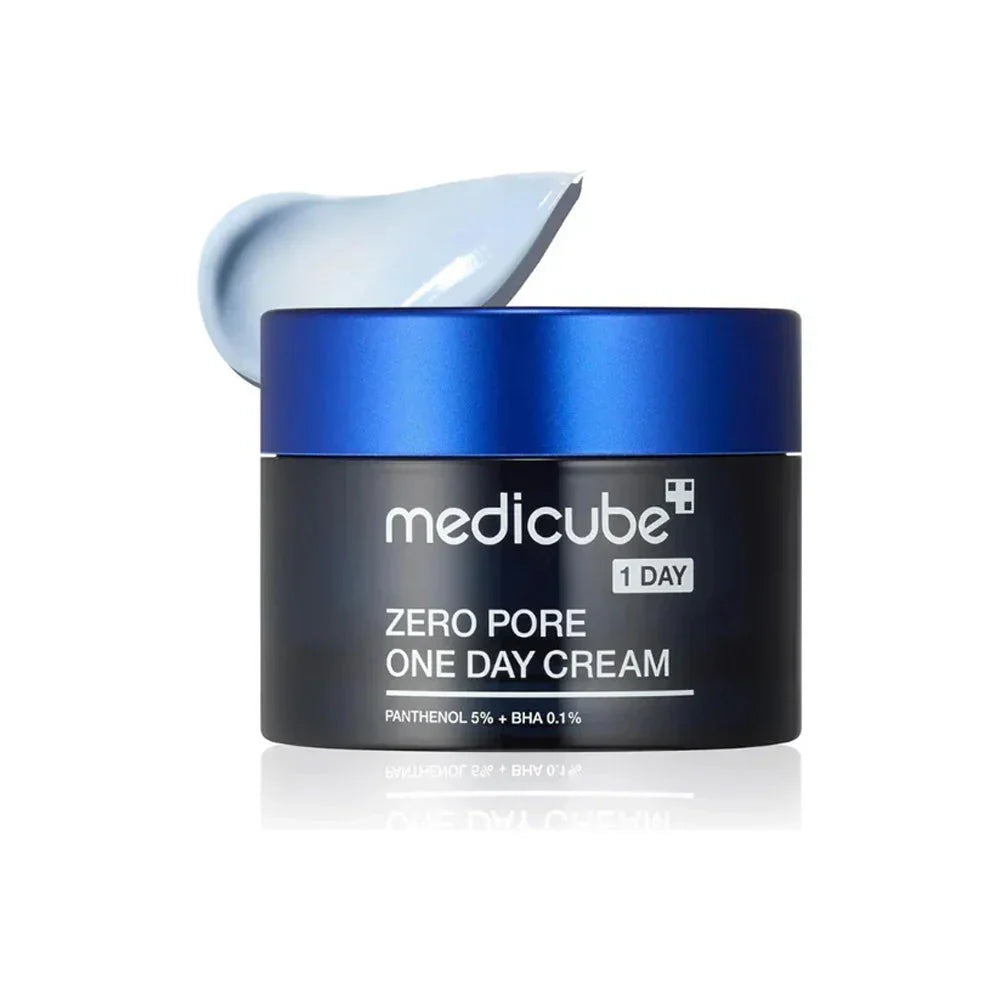 Medicube Zero Pore One Day Cream jar with blue lid and a scoop of cream, pore minimizing skincare