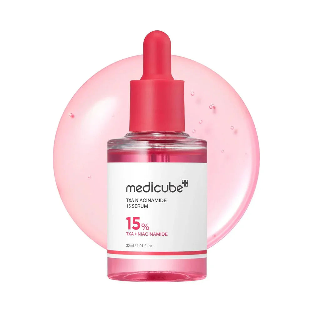 Medicube TXA Niacinamide 15% serum bottle with pink dropper and serum texture background