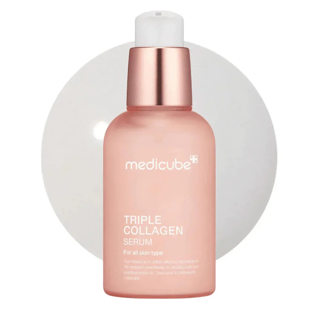 Pink bottle of medicube Triple Collagen Serum for all skin types, hydrating skincare product